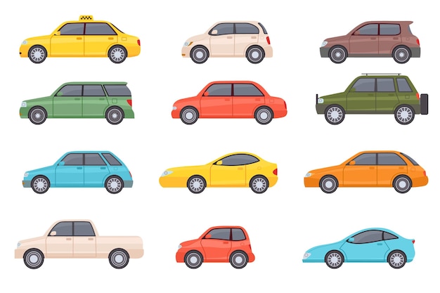 Flade biler. Tegneserie køretøj set fra siden. Taxi, minivan, mini bil, SUV og pickup truck. Bybils transportikoner. Vektor sæt med bildesign. Bytransport objekter isoleret på hvidt