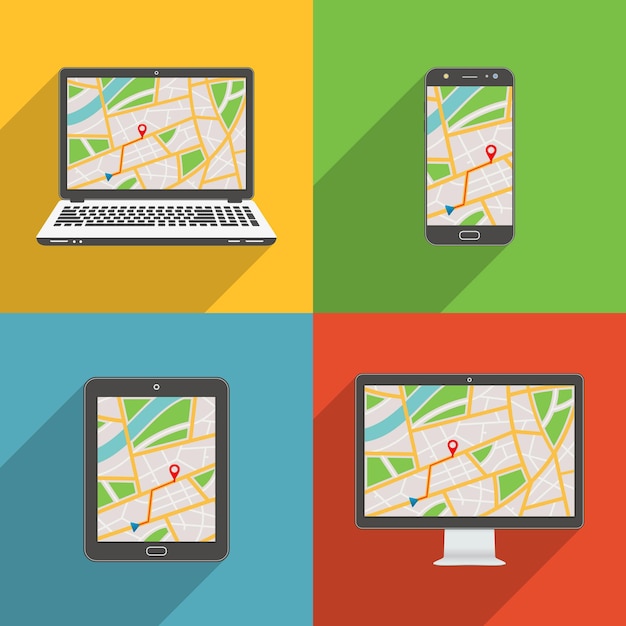 Fladt design gadgets og enheder med GPS kort