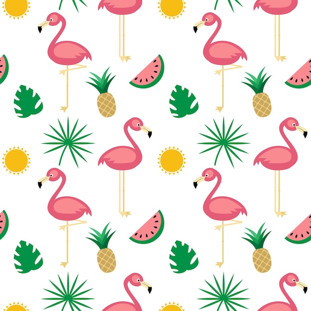 Flamingotropical fruits seamless pattern white