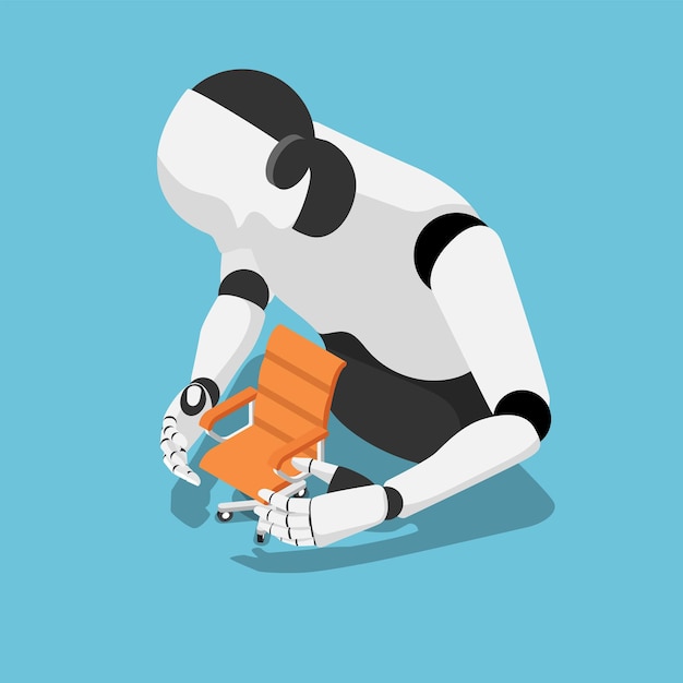 Flat 3d Isometric Ai Robot Protecting Office Chair. Artificial Intelligence Take Over The Jobs.