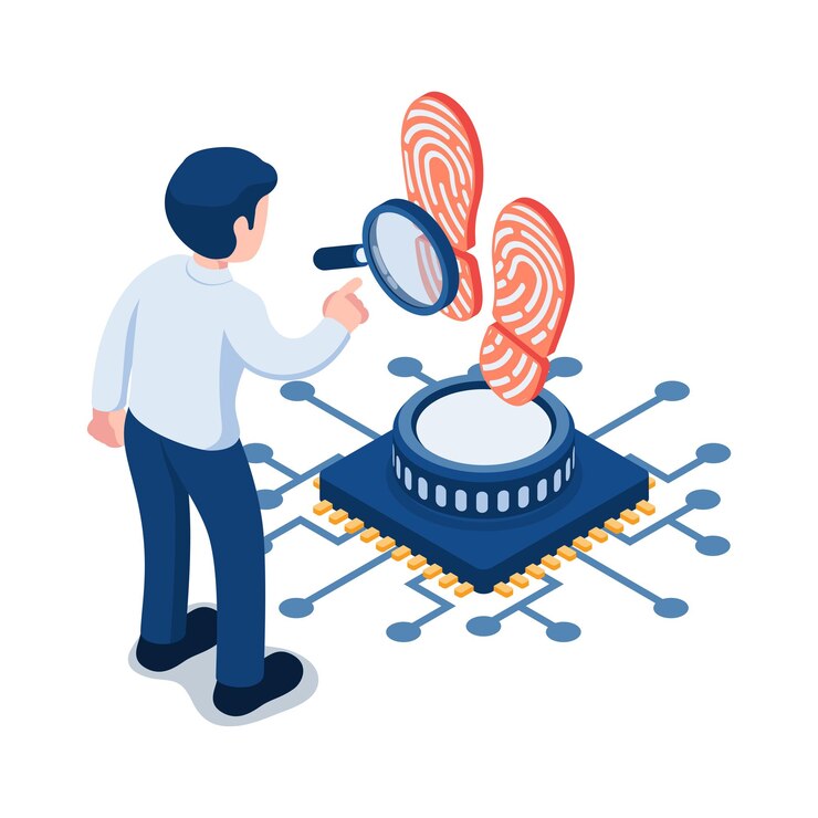 Vektör flat 3d isometric businessman analyze digital footprint digital footprint concept