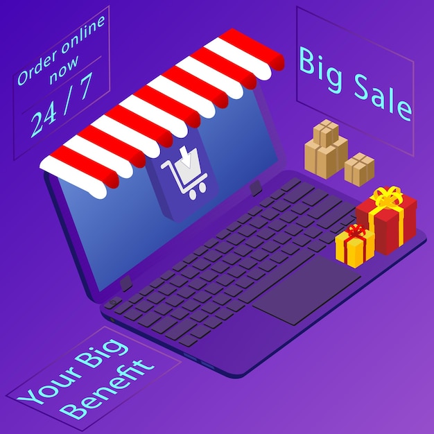 Flat 3d isometric modern design Shopping online Successful business e-commerce concept vector