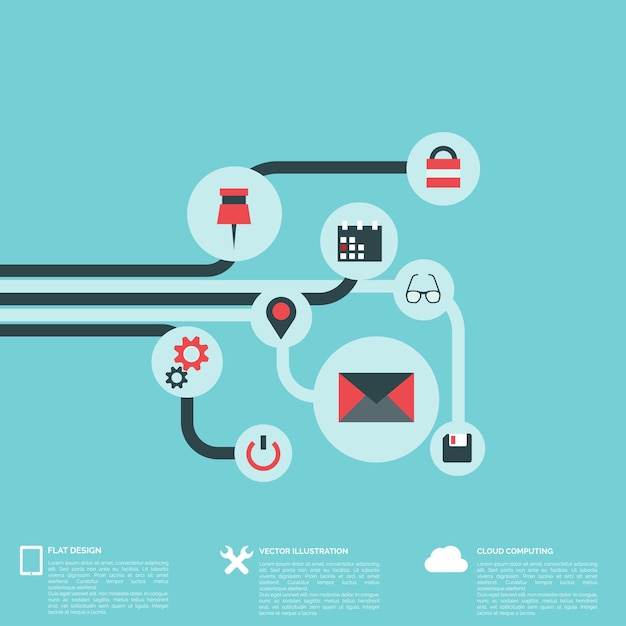 Flat abstract background with web icons interface symbols cloud computing mobile devices