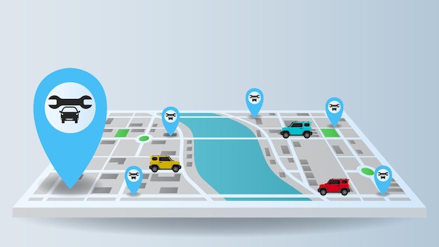 flat background of route navigation location city map with blue pin and garage shop fixing a car service