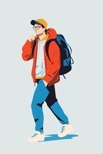 flat color style young man with a backpack vector illustration in a flat style