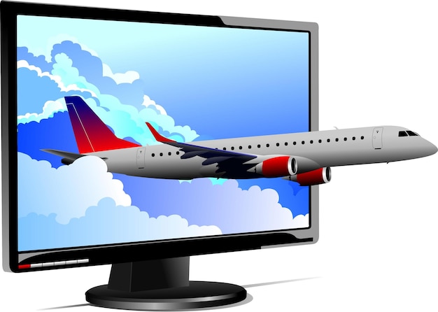 Flat computer monitor with plane image Display Vector illustration