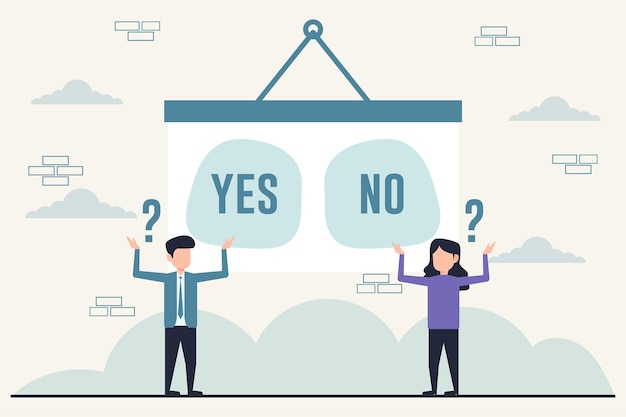 Flat design businessman and businesswoman stand in front of the whiteboard with the text yes no