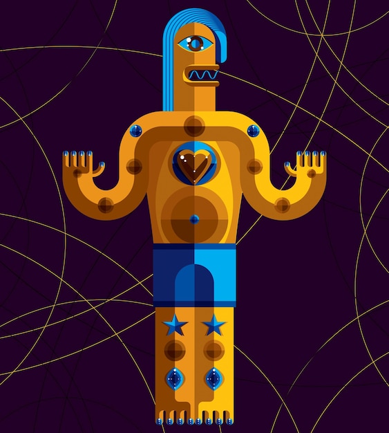 flat design drawing of odd character, art picture made in cubism style. vector colorful illustration of spiritual totem isolated on art background.