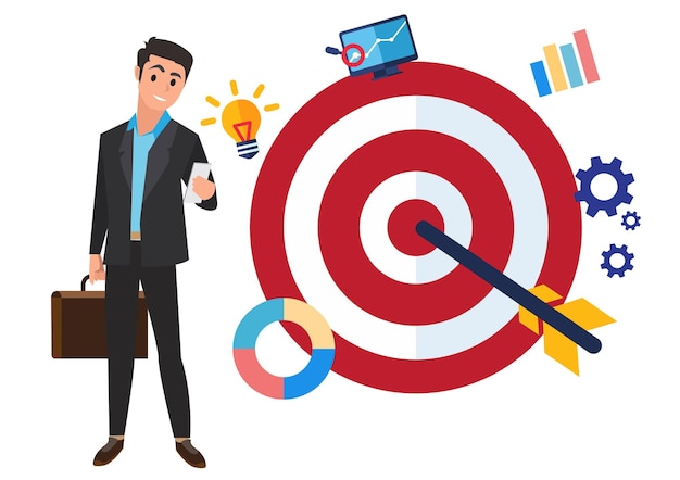 flat design illustration with businessman character standing with big target and arrow flat design banner isolated on white background mission accomplished for sure