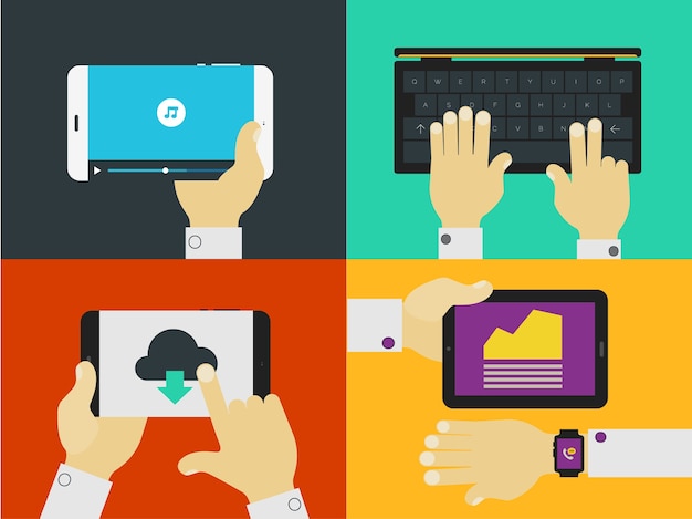Flat design illustrations with hands holding mobile devices