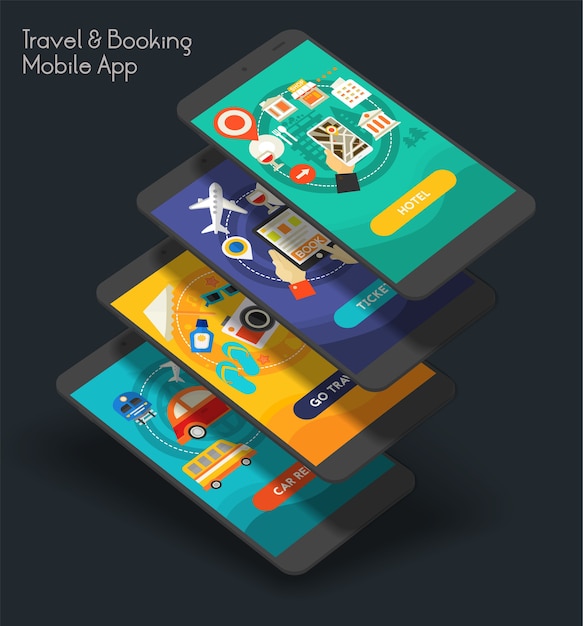 flat design responsive travel and booking ui mobile app splash screens template with trendy illustrations and 3d smartphone