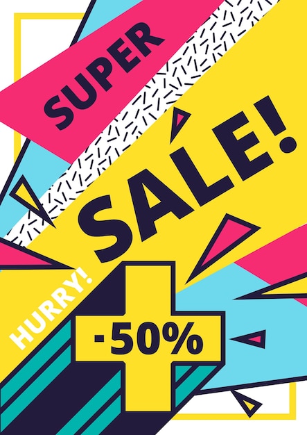 Flat design sale website banner template. Bright colorful vector illustrations for social media, posters, email, print, ads designs, promotional material. Yellow Pink Blue black and white