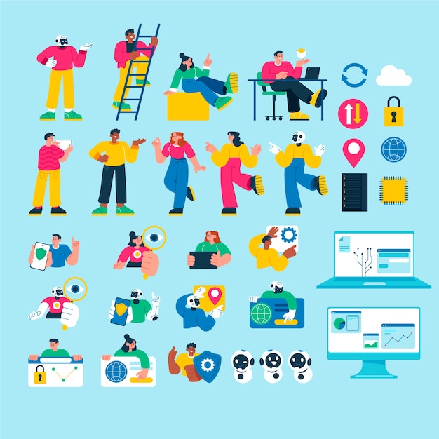 flat hand drawn data technology elements collection with people and cloud computing elements