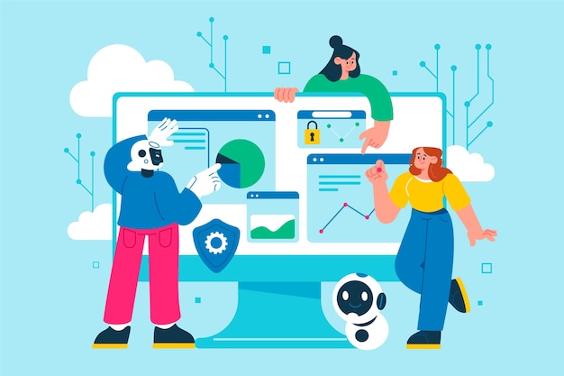 flat hand drawn data technology illustration with people working in cloud computing