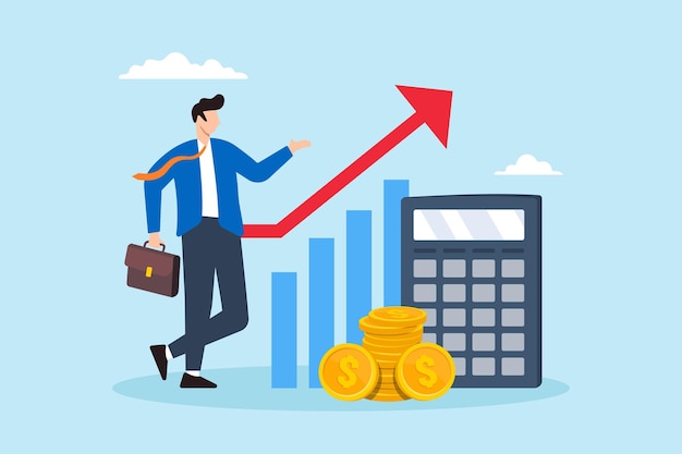 Flat illustration of businessman calculate revenue growth with calculator evaluating profit using chart financial analysis investment earning tax accounting
