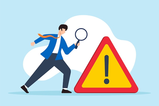Flat illustration of businessman with magnifier investigates incidents with exclamation attention sign identifying risks and root causes of failures