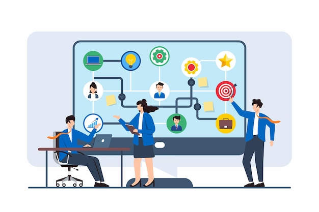 Flat illustration of team using flow diagram to explore different career strategies
