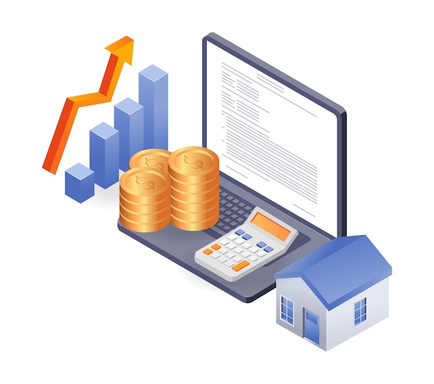 Flat isometric illustration concept home purchase agreement data
