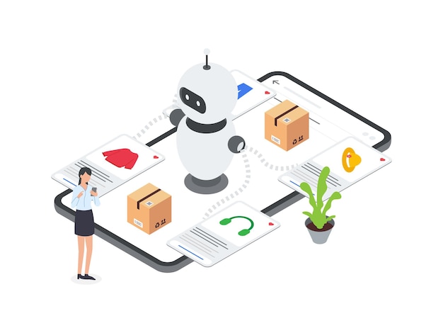 Flat Isometric illustration of AI robot assists woman in product selection on mobile e commerce