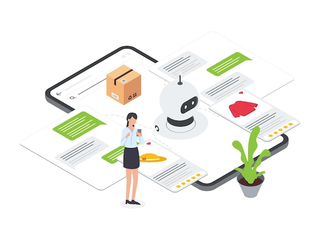 Flat Isometric illustration of Woman chatting with a chatbot on an eCommerce mobile platform