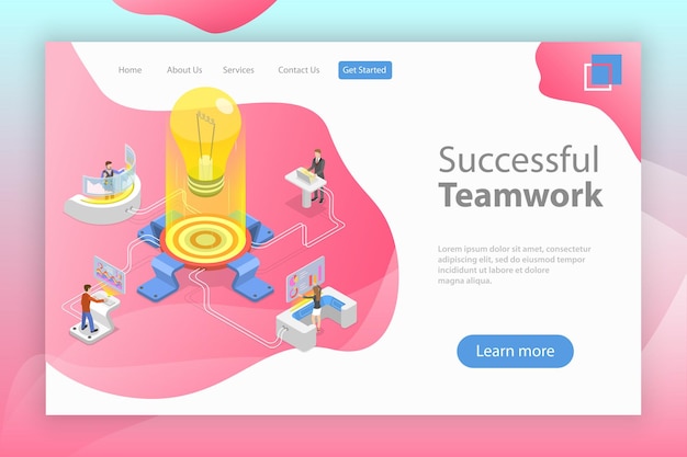 Flat isometric vector landing pagte template of effective teamwork business team brainstorm