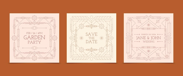 flat linear square card set collection for events with ornaments and geometric shapes