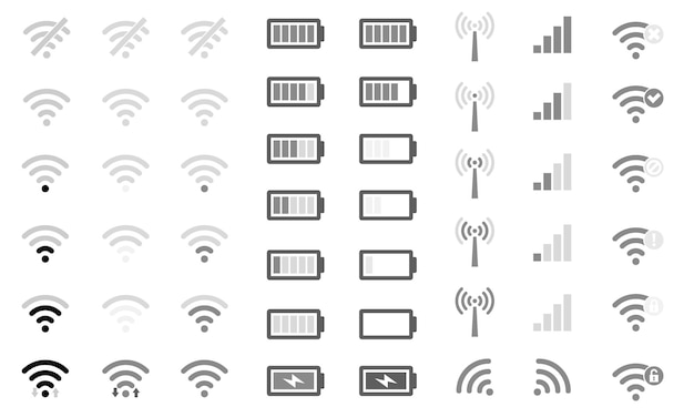 Flat Mobile phone system icons WiFi signal strength battery charge level and symbol sign remote access and communication radio