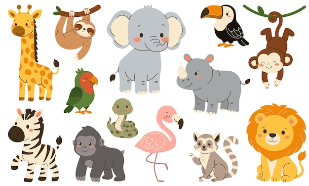 flat style illustration of cute jungle animals including zebra lion elephant giraffe monkey flamingo rhinoceros parrot lemur gorilla sloth toucan and snake
