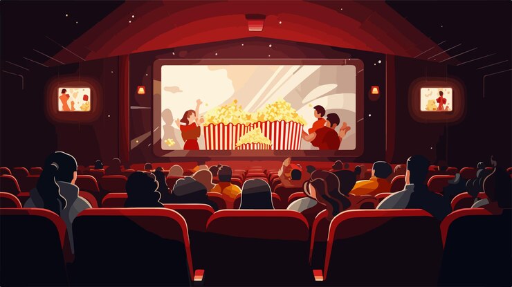 Flat Style Vector Illustration of People Watching Movie