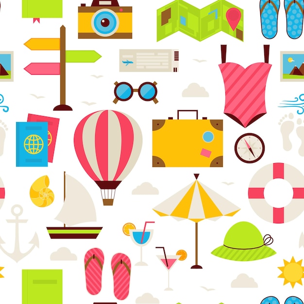 Flat Summer Travel Seamless Pattern. Vacation Holiday Flat Design Vector Illustration. Tiling Background. Collection of Sea Marine Beach Resort Colorful Objects isolated over white.