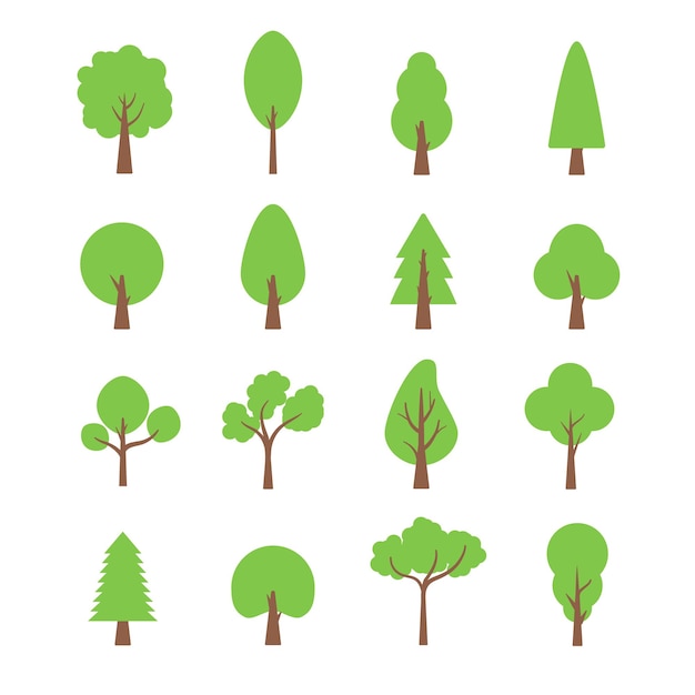 Flat trees set. Flat forest tree nature plant isolated eco foliage.