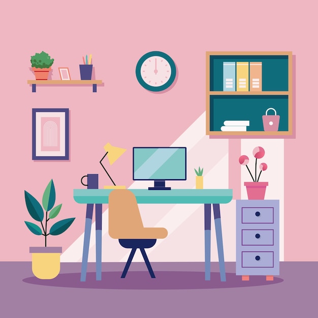 flat vector illustration of a cozy home office with a desk computer chair and decorative elements like plants bookshelves and a clock remote work or interior design