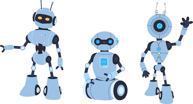 Flat vector illustration of robots on white background Robotics Robot set
