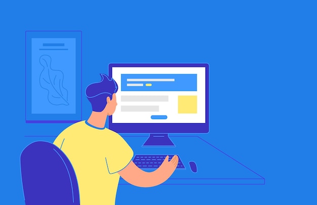 flat vector illustration of young man sitting with pc and working with website web template