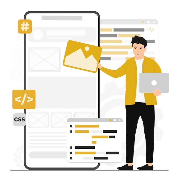 Flat vector software app development programming languages css html it ui programmer concept