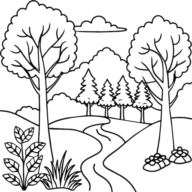 Flodnära skog: färgläggningssida, vektorillustration