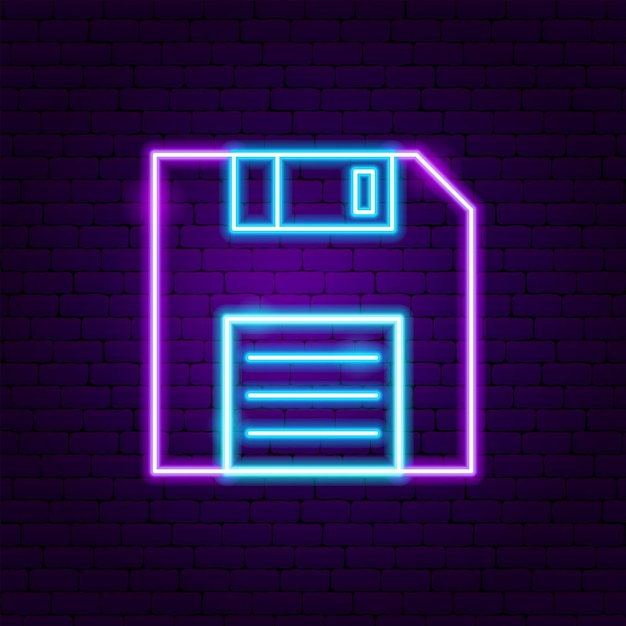 Floppy Disk Neonetikett. Vektorillustration av elektronikreklam.
