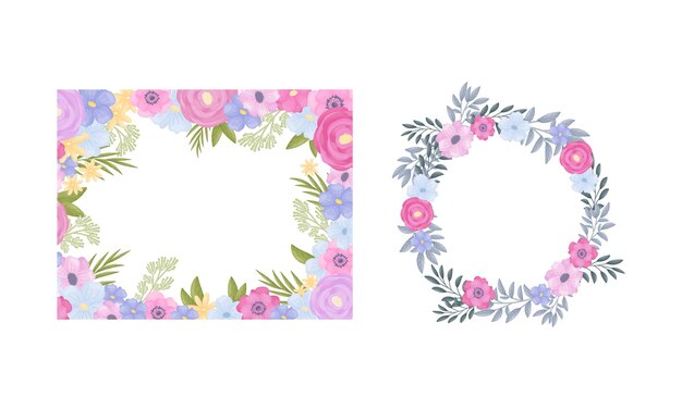 Floral frame of lush blooming flowers as decorative vector composition set