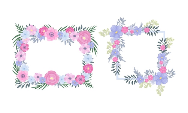 Floral frame of lush blooming flowers as decorative vector composition set