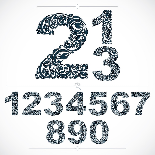 floral numerals, hand-drawn vector numbers decorated with botanical pattern. monochrome ornamental numeration, digits made in vintage design.