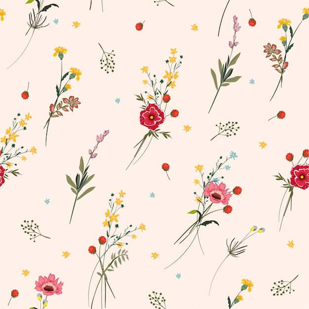 floral seamless pattern many kind of blooming meadow flowers