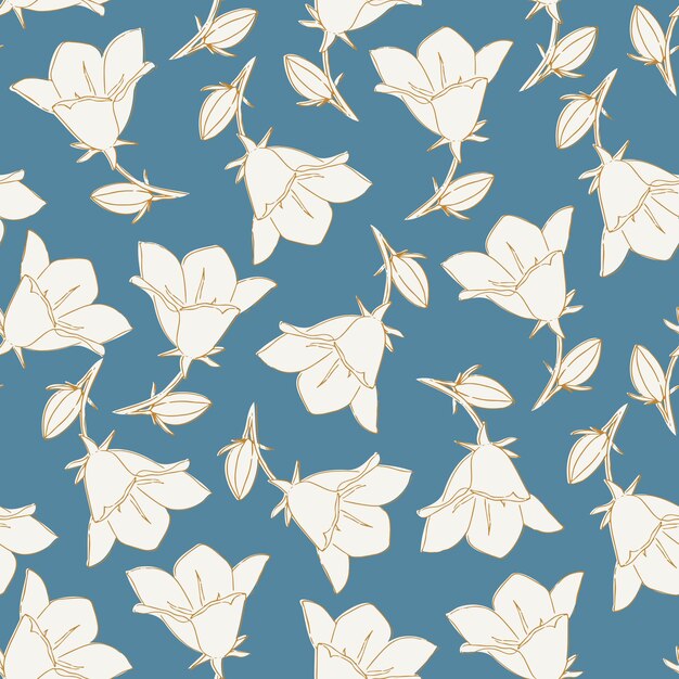 Floral seamless pattern with light beige bluebells flowers on a light blue background