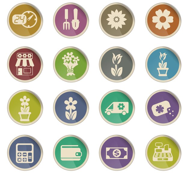 Flower shop vector icons in the form of round paper labels