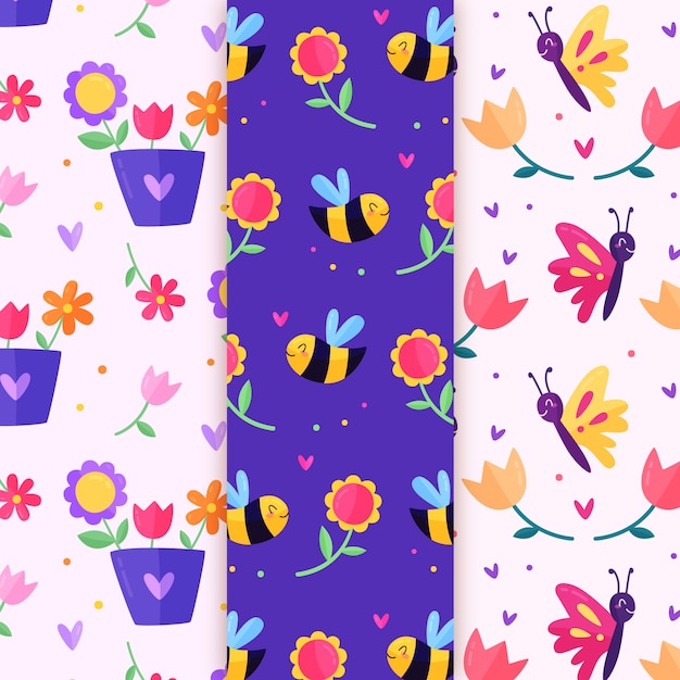 Flowers and bees spring seamless pattern