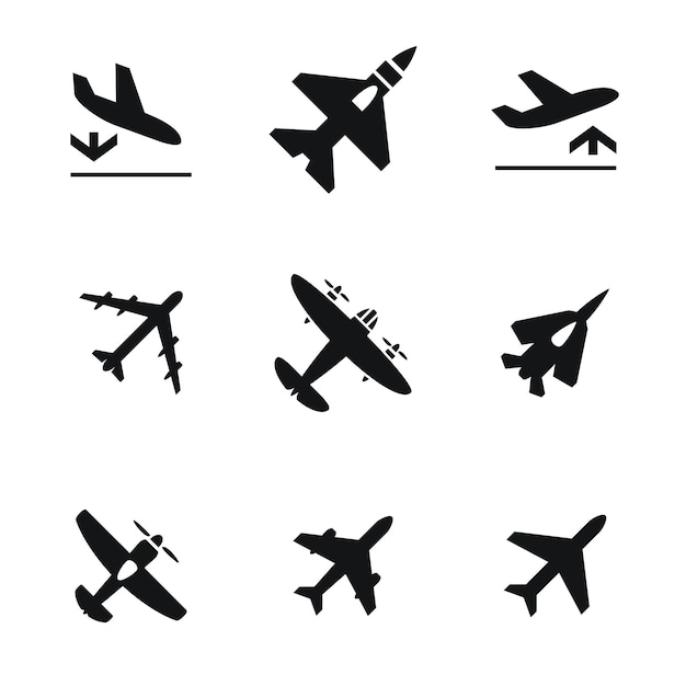 Flygplansvektorikoner. Enkel illustrationsuppsättning med 9 flygplanselement. Redigerbara ikoner kan användas i logotyper, gränssnitt och webbdesign.