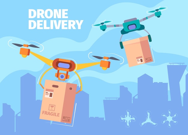 flying drones aircraft helicopter remote control systems in sky above city smart technologies for delivery service garish vector cartoon background