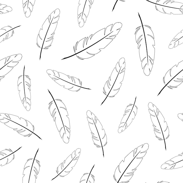 Flying feathers Black and white vector seamless pattern