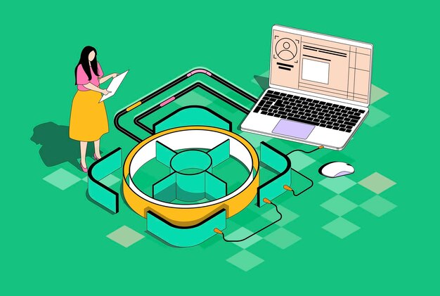 Focus group concept in 3d isometric design Woman doing market and consumer research analyze data and working with customers feedback Vector isometry illustration with people scene for web graphic