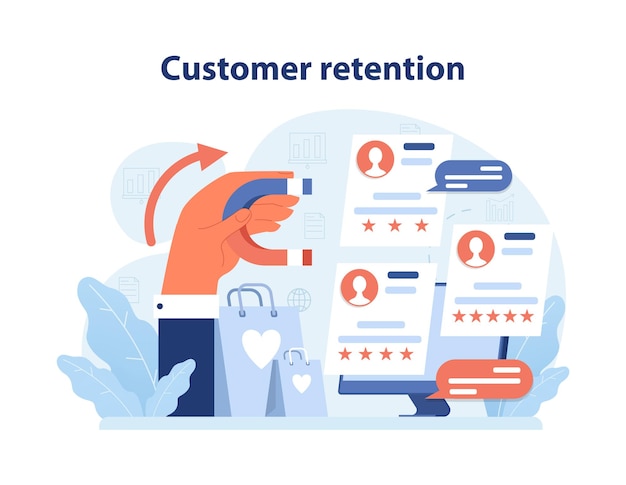 Focused woman analyzing customer reviews and ratings to boost retention digital interfaces showing