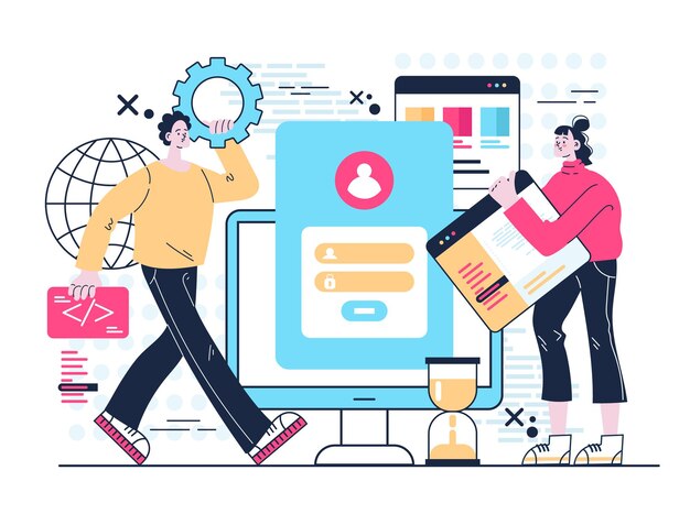 Folk mand kvinde karakterer teamwork udvikling softwareprogram